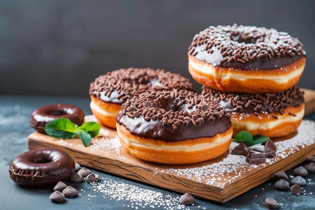 Delicious chocolate donuts on wooden chopping board