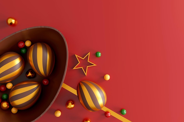 Delicious chocolate easter eggs on red background