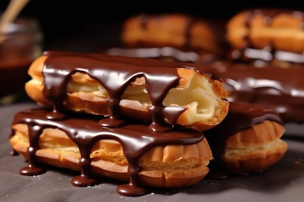 크림 가득 찬 맛있는 초콜릿 에클레어 전통 프랑스 페이스트리 디저트