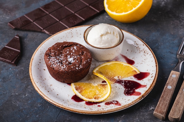 Delicious chocolate fondant  ice cream. Sweet dessert  ice cream