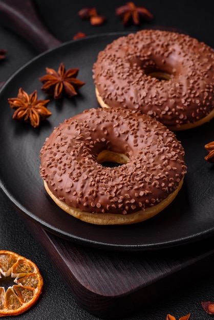 Delicious chocolate glazed donut sprinkled with chocolate chips