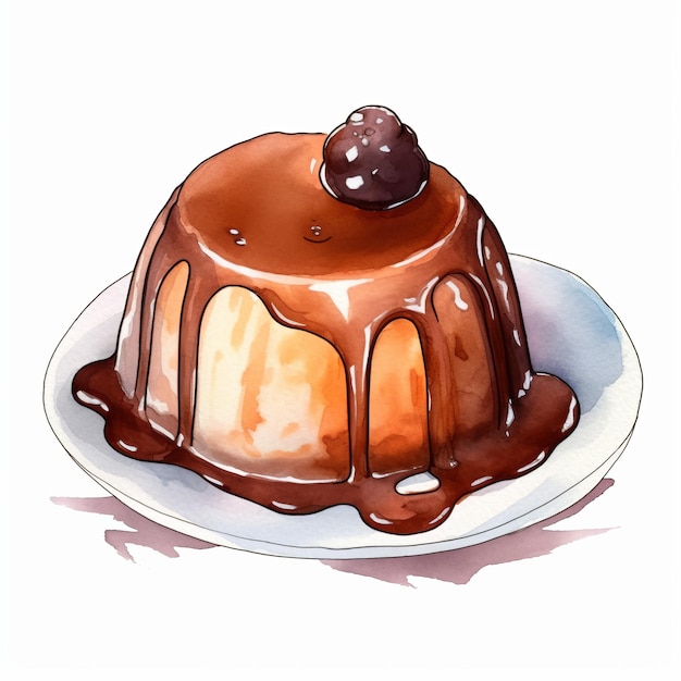 Delicious Chocolate Glazed Pudding Watercolor Illustration