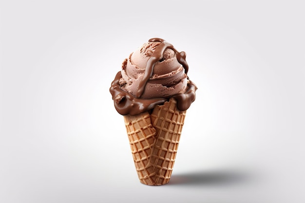 AI が生成した白い背景のコーンにおいしいチョコレート アイス クリーム