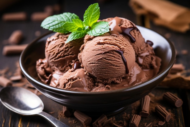 Delicious chocolate ice cream ready to be served