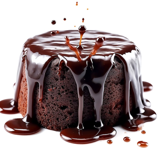 A delicious chocolate layer cake with melted chocolate on a white background