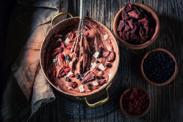 Delicious chocolate made of cocoa and various dried fruits