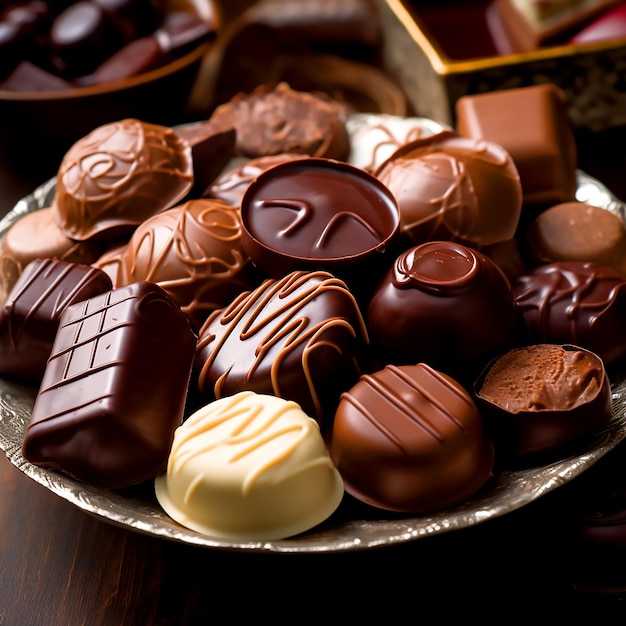 Delicious chocolates in the plate on the table