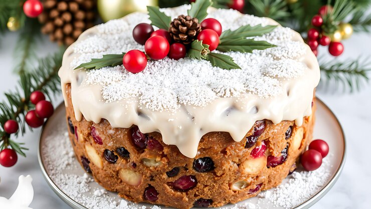 Delicious Christmas cake decorated with berries festive holiday food
