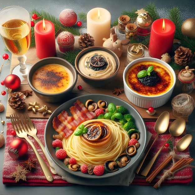 A delicious Christmas menu set with beautiful red and white candles