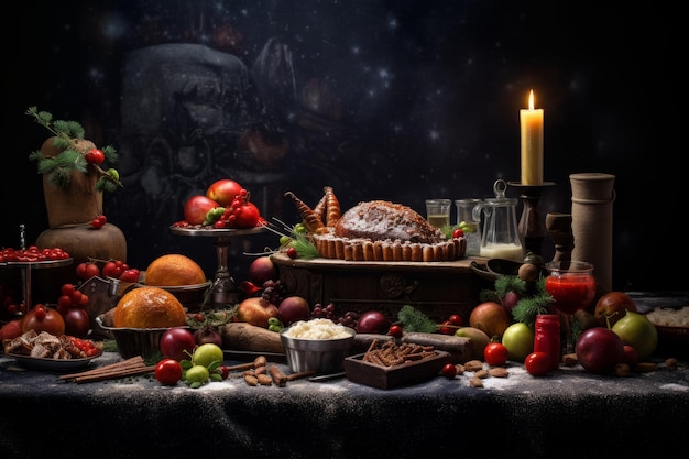 Delicious Christmas themed dinner table with roasted meat appetizers and desserts Holiday concept