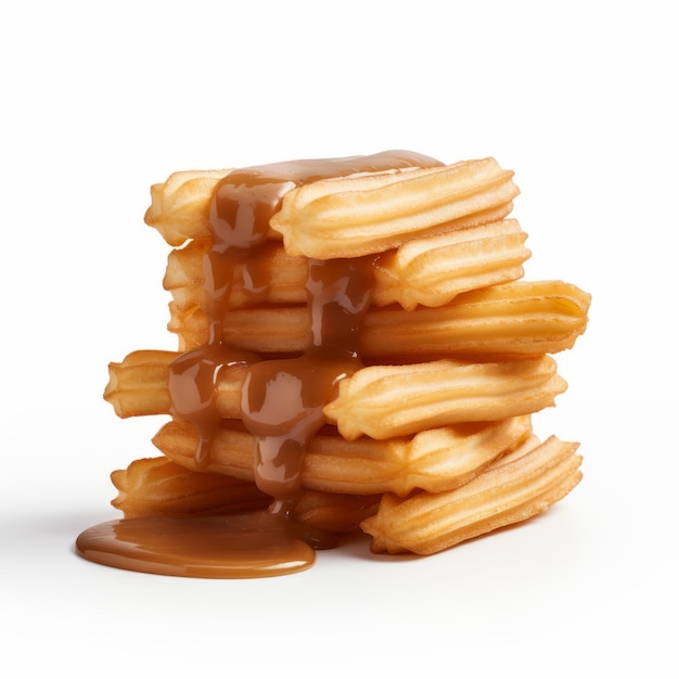 Delicious Churros With Caramel Drizzle On White Background