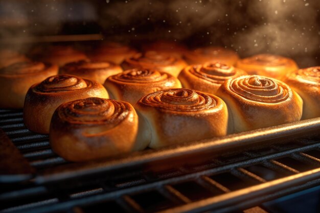 Delicious cinnabon appetizing buns in the oven generative ai