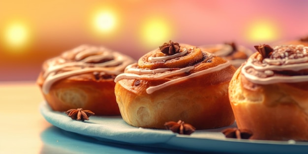 Delicious cinnabon appetizing buns on pastel background generative ai