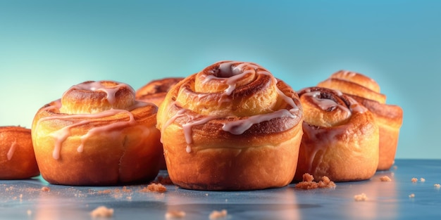 Delicious cinnabon Appetizing buns on pastel background High quality photo Generative AI