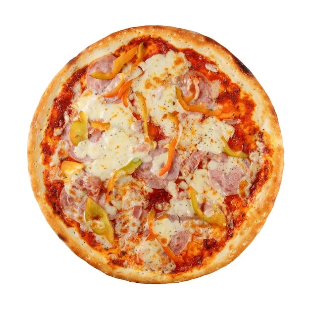 Delicious classic italian pizza with Mozzarella ham pepperoni and paprika