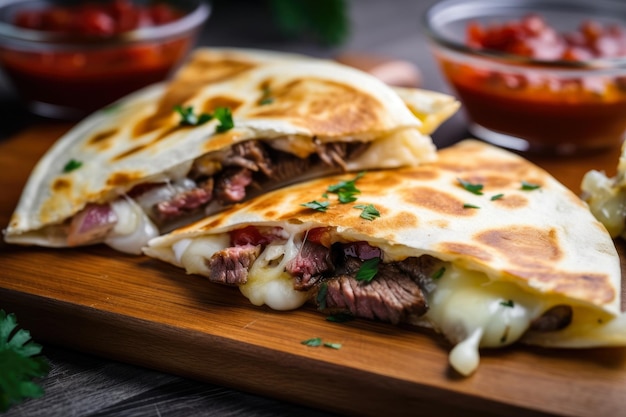 Delicious closeup of a mini quesadilla slider filled with tender steak melted cheese