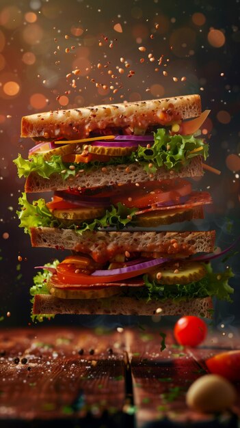 Delicious club sandwich floating in air professional food photography ad background