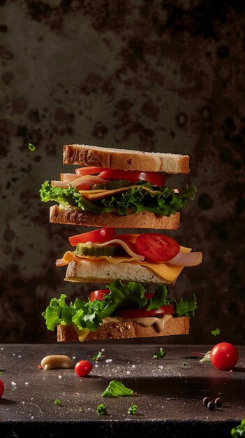 空中に浮かぶ美味しいクラブサンドイッチ プロのフードフォトグラフィー広告の背景