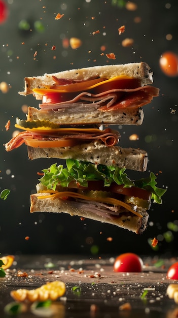 Photo delicious club sandwich floating in air professional food photography ad background