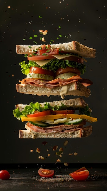 Delicious club sandwich floating in air professional food photography ad background