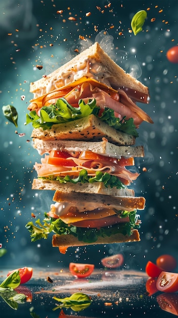 Foto delizioso panino da club che galleggia nell'aria