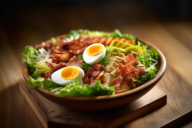 Delicious Cobb Salad on a Wooden Table Created with generative AI tools