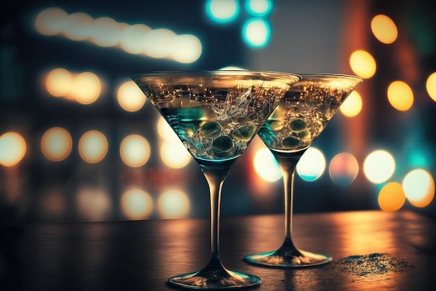 A delicious cocktail in a modern glass with ice in the night life of the city Ai generated