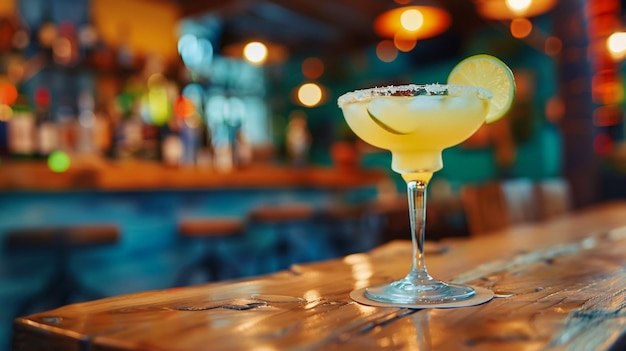 Delicious cocktail with lime and sugar on bar counter Space for text