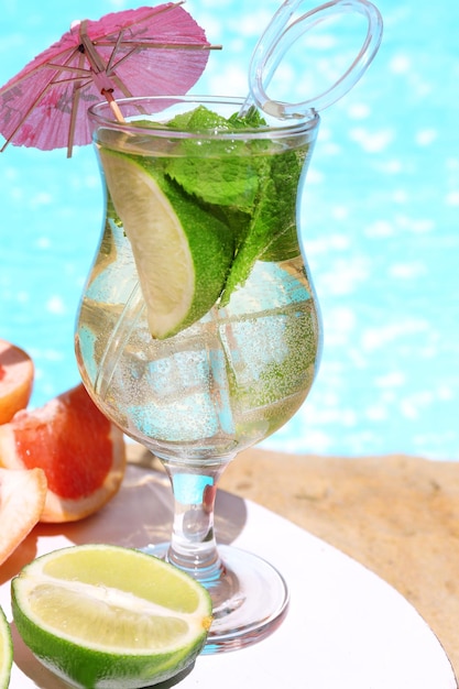 Delicious cocktails on beach closeup