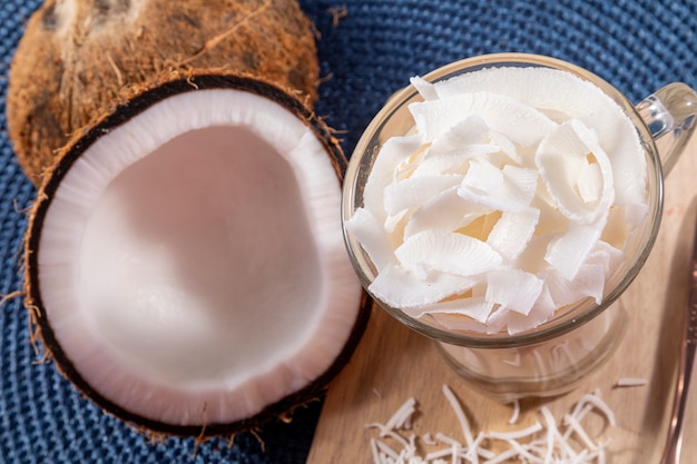 Delicious coconut mousse in glass cup.