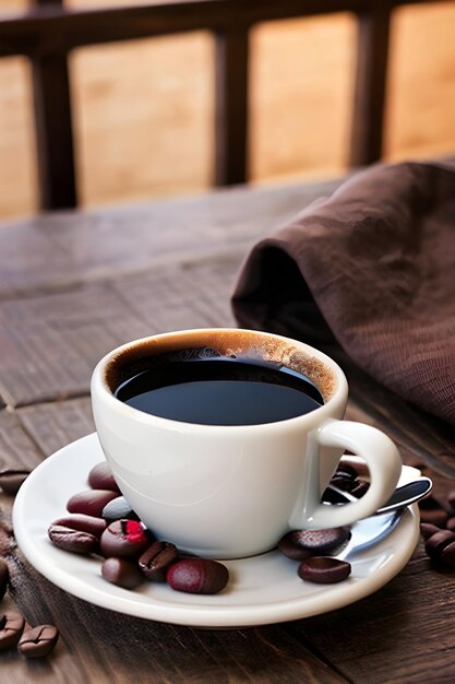 Delicious coffee beans and cup