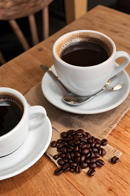 Delicious coffee beans and cup