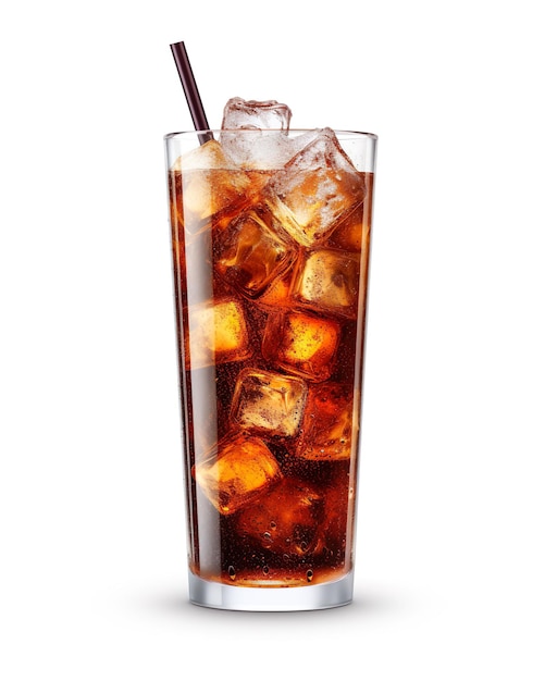 delicious coke in a glass cup with straw filled with ice isolated