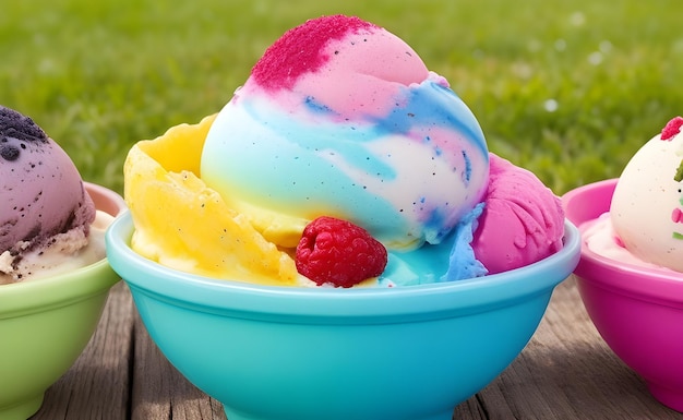 屋外でのおいしいカラフルなアイスクリーム