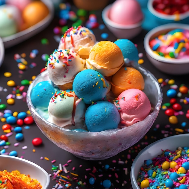 Delicious Colorful ice cream with full topping