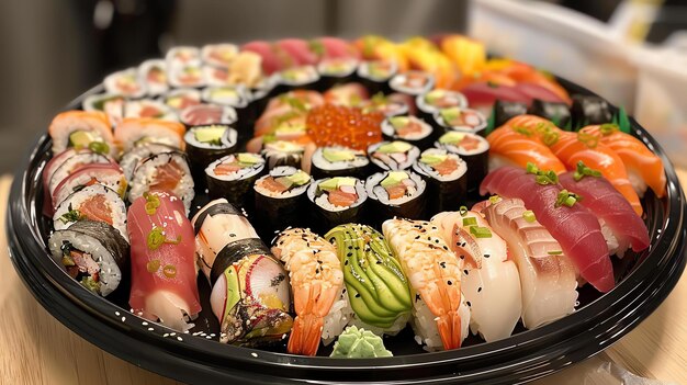 A delicious and colorful platter of sushi featuring a variety of nigiri maki and sashimi