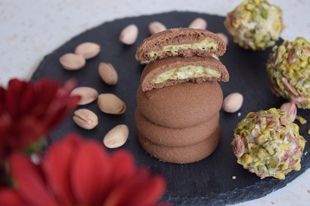 Delicious cookies with chocolate and pistachio