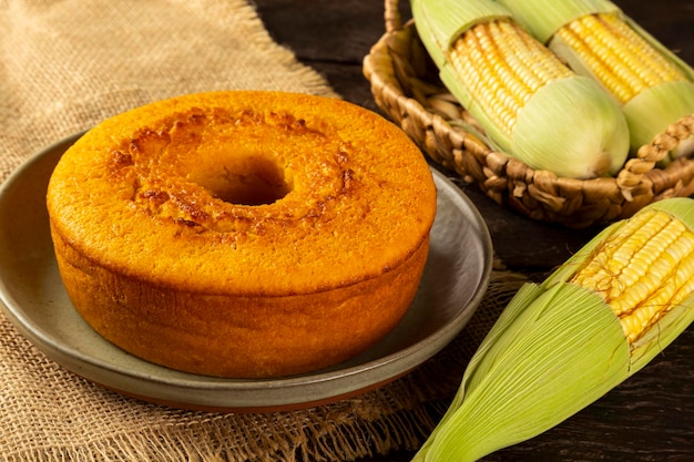 Photo delicious corn cake on table typical brazilian cake