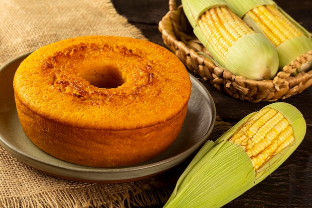 Delicious corn cake on table Typical Brazilian cake