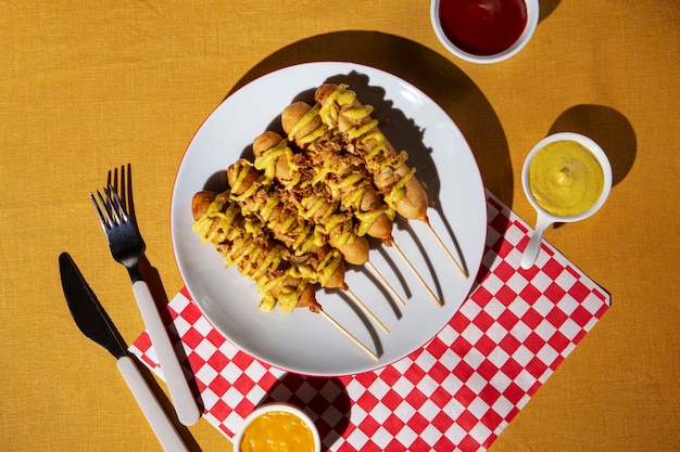 사진 접시 상단 보기에 맛있는 옥수수 개 배열