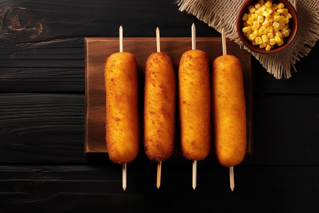 Photo delicious corn dogs with mustard and ketchup on wooden table