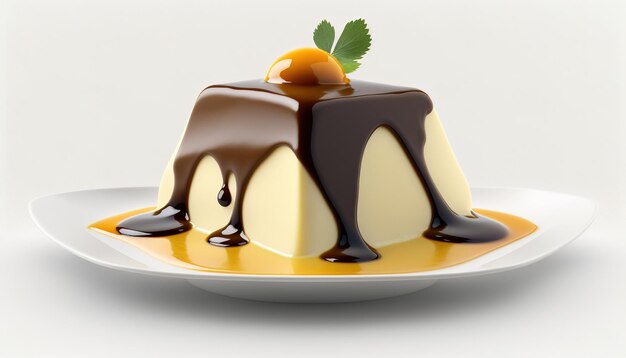 Delicious cream pudding with caramel and chocolate sauce