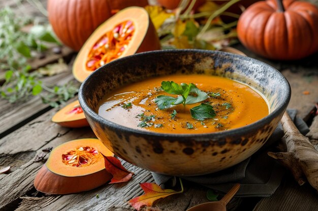 Delicious cream of pumpkin soup in a bowl on wooden table