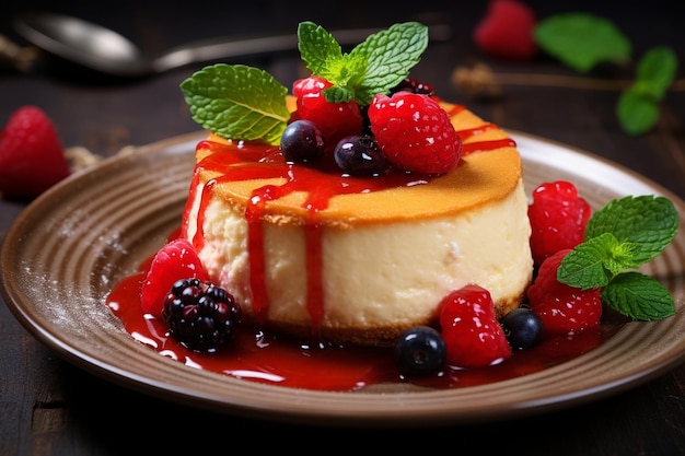 Delicious Creamy Cheesecake with Strawberry Sauce and Berries Generative AI