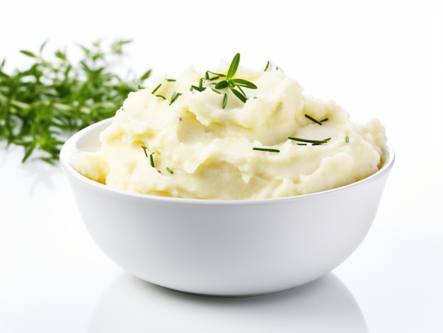 Delicious creamy mashed potatoes with butter and fresh herbs on white background Close up of mashed potatoes on white Thanksgiving day food concept Fluffy Potato mash