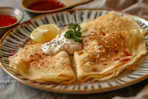 Photo delicious crepes dish arranged with yogurt