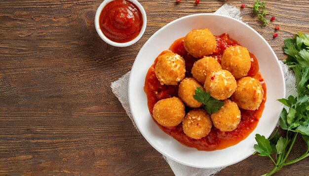 Delicious crispy Cheese ball with tomato sauce