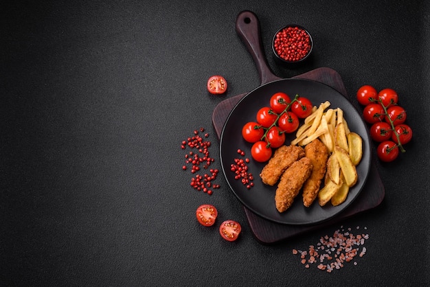 Delicious crispy chicken nuggets breaded with salt and spices on a dark concrete background