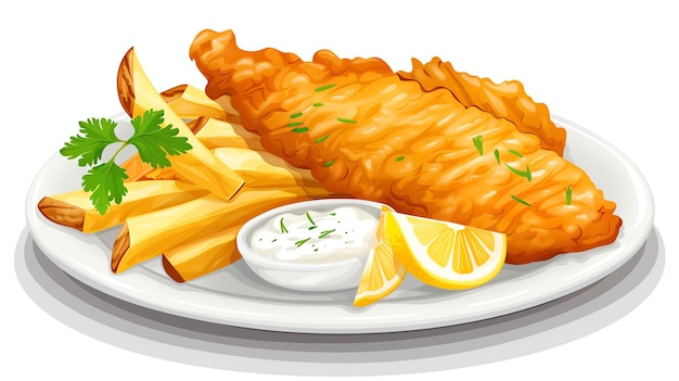 A delicious and crispy fried fish fillet with a side of golden brown french fries and a creamy tartar sauce