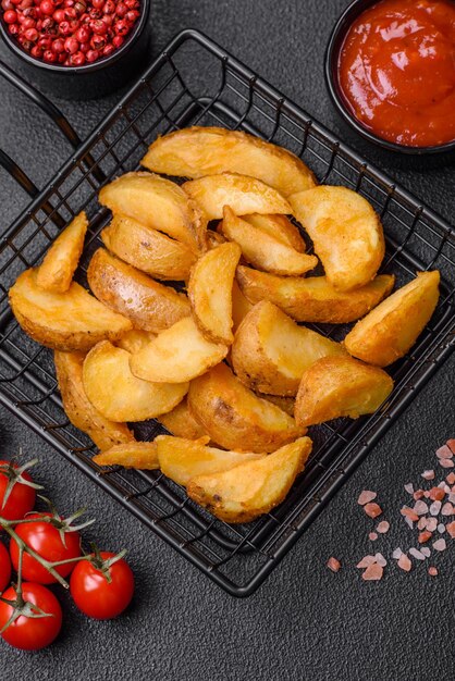 Delicious crispy fried potato wedges with salt spices and herbs on a dark concrete background